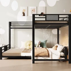 Lit superposé en métal en forme de L - 90x200cm + 140x200 cm - Barrières de sécurité et échelle - Métal - Noir (sans matelas)>ModernLuxe Hot