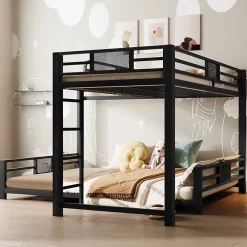 Lit superposé en métal en forme de L - 90x200cm + 140x200 cm - Barrières de sécurité et échelle - Métal - Noir (sans matelas)><noscript><img width=
