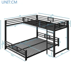 Lit superposé en métal en forme de L - 90x200cm + 140x200 cm - Barrières de sécurité et échelle - Métal - Noir (sans matelas)><noscript><img width=