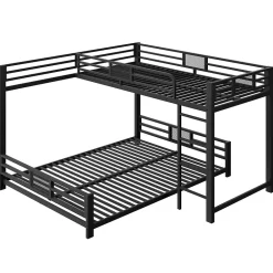Lit superposé en métal en forme de L - 90x200cm + 140x200 cm - Barrières de sécurité et échelle - Métal - Noir (sans matelas)><noscript><img width=