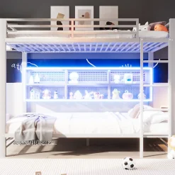 Lit superposé en métal 140x200 cm - Avec placards de rangement et LED - 6 compartiments de rangement - Blanc (sans matelas)>ModernLuxe New