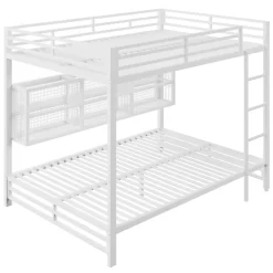 Lit superposé en métal 140x200 cm - Avec placards de rangement et LED - 6 compartiments de rangement - Blanc (sans matelas)><noscript><img width=