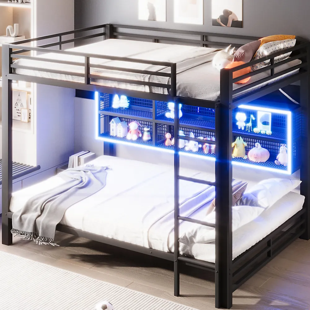 Lit superposé en métal 140x200 cm - Avec placards de rangement et LED - 6 compartiments de rangement - Moir (sans matelas)>ModernLuxe Best