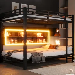 Lit superposé en métal 140x200 cm - Avec placards de rangement et LED - 6 compartiments de rangement - Moir (sans matelas)>ModernLuxe Best