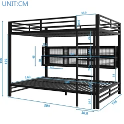 Lit superposé en métal 140x200 cm - Avec placards de rangement et LED - 6 compartiments de rangement - Moir (sans matelas)><noscript><img width=