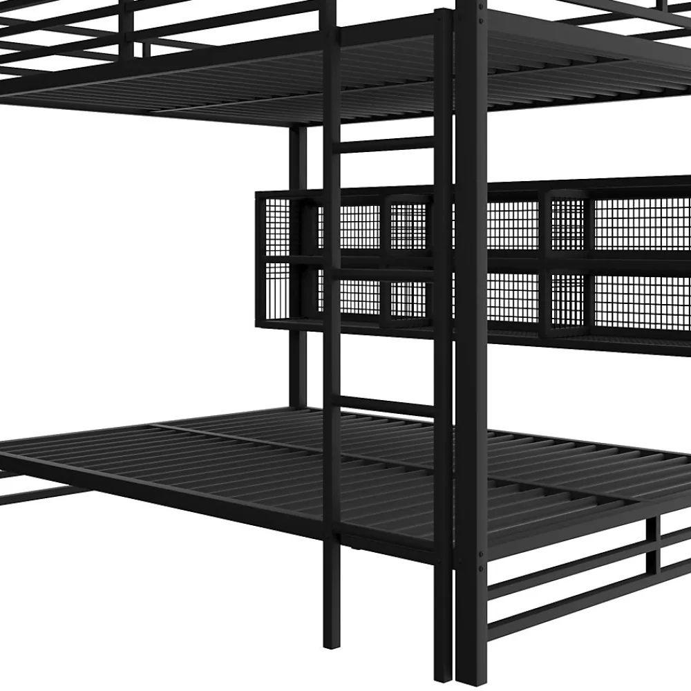 Lit superposé en métal 140x200 cm - Avec placards de rangement et LED - 6 compartiments de rangement - Moir (sans matelas)>ModernLuxe Best