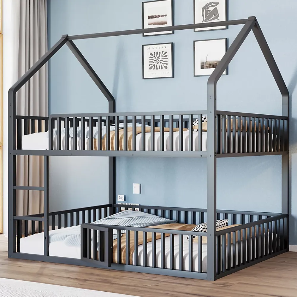 Redom Lit superposé enfant 140 par 200 métal lit double familial mezzanine avec échelle porte ouvrante lit inférieur noir*Enfant Lit Enfant