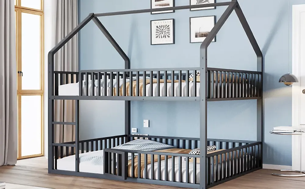 Redom Lit superposé enfant 140 par 200 métal lit double familial mezzanine avec échelle porte ouvrante lit inférieur noir*Enfant Lit Enfant