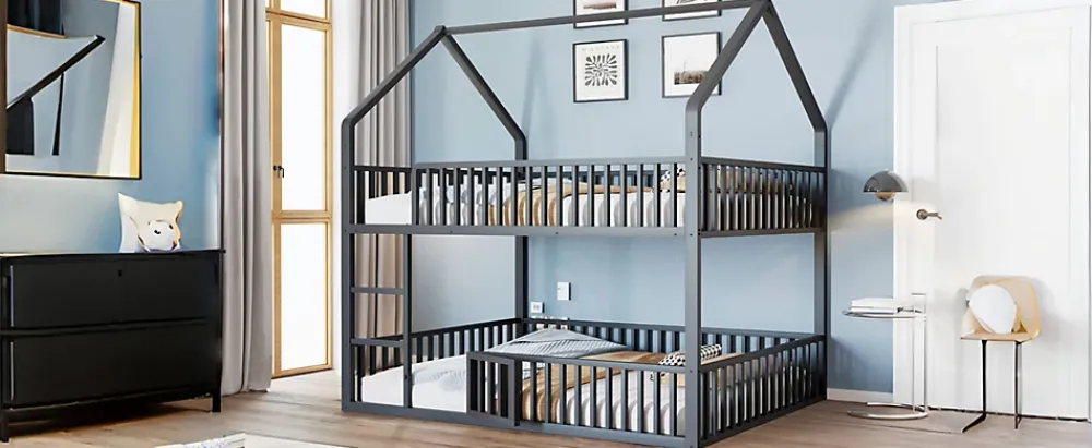 Redom Lit superposé enfant 140 par 200 métal lit double familial mezzanine avec échelle porte ouvrante lit inférieur noir*Enfant Lit Enfant