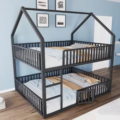 Redom Lit superposé enfant 140 par 200 métal lit double familial mezzanine avec échelle porte ouvrante lit inférieur noir*Enfant Lit Enfant