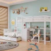 Lit superposé enfant, échelle à 3 marches, 2 tiroirs, bureau, garde-corps, lattes solides, MDF pin, blanc, 90x200cm>Simple Life Discount