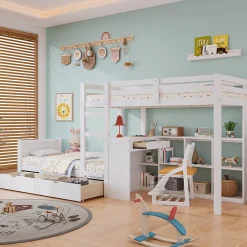 Lit superposé enfant, échelle à 3 marches, 2 tiroirs, bureau, garde-corps, lattes solides, MDF pin, blanc, 90x200cm>Simple Life Discount