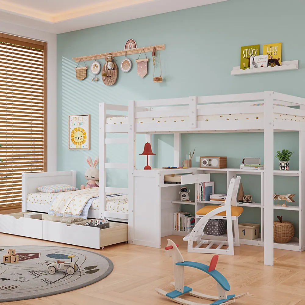 Lit superposé enfant, échelle à 3 marches, 2 tiroirs, bureau, garde-corps, lattes solides, MDF pin, blanc, 90x200cm>Simple Life Discount