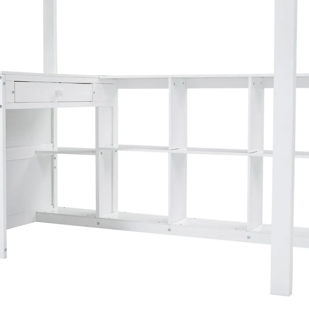 Lit superposé enfant, échelle à 3 marches, 2 tiroirs, bureau, garde-corps, lattes solides, MDF pin, blanc, 90x200cm>Simple Life Discount