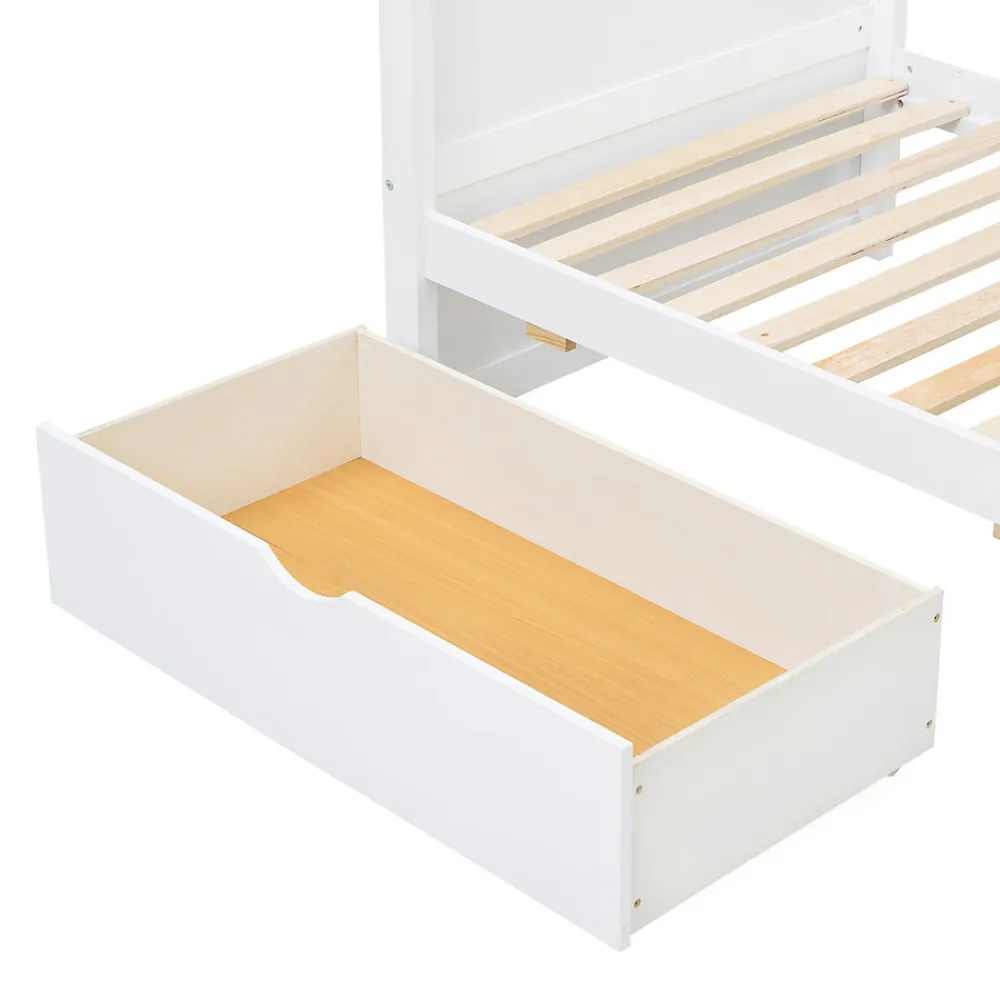 Lit superposé enfant, échelle à 3 marches, 2 tiroirs, bureau, garde-corps, lattes solides, MDF pin, blanc, 90x200cm>Simple Life Discount