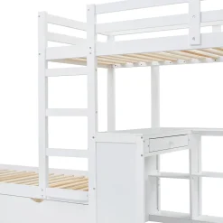 Lit superposé enfant, échelle à 3 marches, 2 tiroirs, bureau, garde-corps, lattes solides, MDF pin, blanc, 90x200cm><noscript><img width=