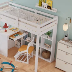 Lit superposé enfant, échelle à 3 marches, 2 tiroirs, bureau, garde-corps, lattes solides, MDF pin, blanc, 90x200cm><noscript><img width=