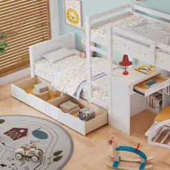 Lit superposé enfant, échelle à 3 marches, 2 tiroirs, bureau, garde-corps, lattes solides, MDF pin, blanc, 90x200cm><noscript><img width=