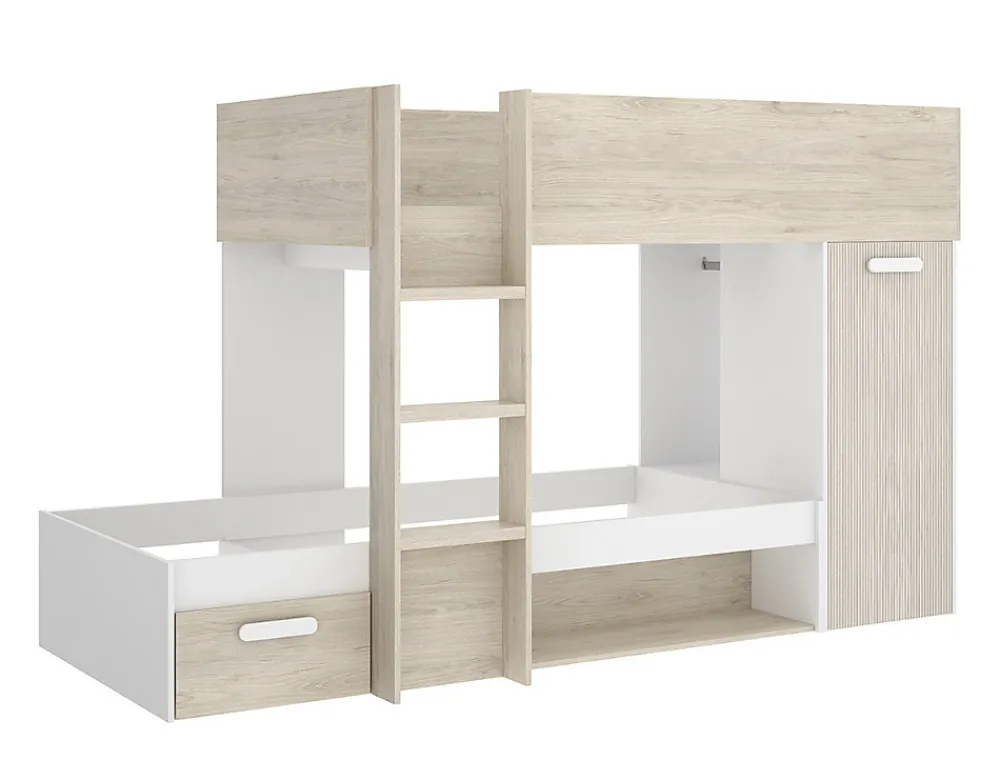 Lit superposé enfant coloris chêne naturel, blanc, imitation lamelles, couchage 90 x190 cm>Pegane Clearance