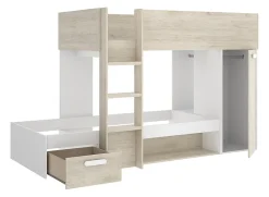 Lit superposé enfant coloris chêne naturel, blanc, imitation lamelles, couchage 90 x190 cm><noscript><img width=