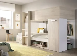 Lit superposé enfant coloris chêne naturel, blanc, imitation lamelles, couchage 90 x190 cm><noscript><img width=