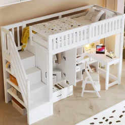 Lit Superposé Enfant 90x200 cm - avec Escalier de Rangement et Bureau Intégré, Armoire et Tiroirs - Bois/MDF/Contreplaqué Blanc>Okwish Best