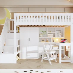 Lit Superposé Enfant 90x200 cm - avec Escalier de Rangement et Bureau Intégré, Armoire et Tiroirs - Bois/MDF/Contreplaqué Blanc>Okwish Best