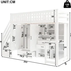 Lit Superposé Enfant 90x200 cm - avec Escalier de Rangement et Bureau Intégré, Armoire et Tiroirs - Bois/MDF/Contreplaqué Blanc><noscript><img width=