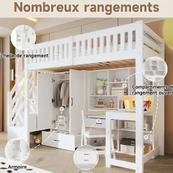 Lit Superposé Enfant 90x200 cm - avec Escalier de Rangement et Bureau Intégré, Armoire et Tiroirs - Bois/MDF/Contreplaqué Blanc><noscript><img width=