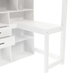 Lit Superposé Enfant 90x200 cm - avec Escalier de Rangement et Bureau Intégré, Armoire et Tiroirs - Bois/MDF/Contreplaqué Blanc><noscript><img width=