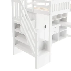 Lit Superposé Enfant 90x200 cm - avec Escalier de Rangement et Bureau Intégré, Armoire et Tiroirs - Bois/MDF/Contreplaqué Blanc><noscript><img width=