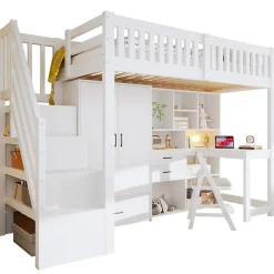 Lit Superposé Enfant 90x200 cm - avec Escalier de Rangement et Bureau Intégré, Armoire et Tiroirs - Bois/MDF/Contreplaqué Blanc><noscript><img width=