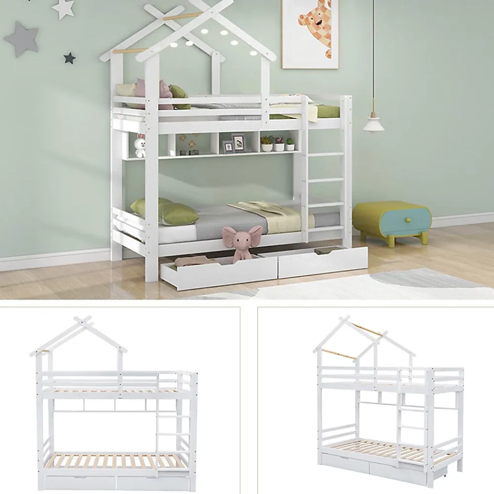 Okwish Lit Superposé enfant 90x200 cm - Lit avec 2 Tiroirs et 4 Niches de Rangement - Structure en Bois Pin et MDF - Blanc, Sans Matelas*Enfant Lit Enfant