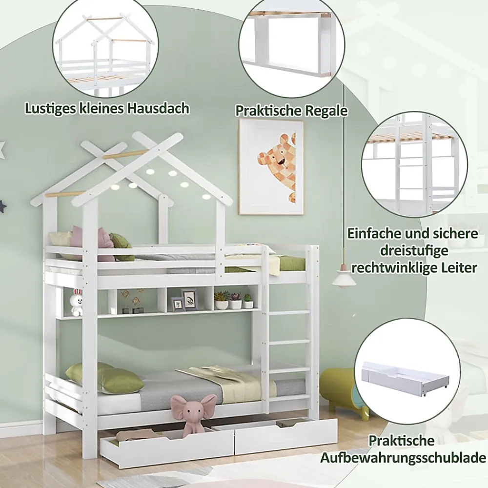 Okwish Lit Superposé enfant 90x200 cm - Lit avec 2 Tiroirs et 4 Niches de Rangement - Structure en Bois Pin et MDF - Blanc, Sans Matelas*Enfant Lit Enfant