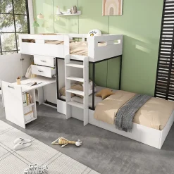 Lit Superposé enfant 90x200 cm - Lit avec Bureau Escamotable et Armoire - MDF et Panneaux Stratifiés - Sans Matelas - Blanc>Okwish Discount