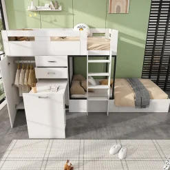 Lit Superposé enfant 90x200 cm - Lit avec Bureau Escamotable et Armoire - MDF et Panneaux Stratifiés - Sans Matelas - Blanc>Okwish Discount