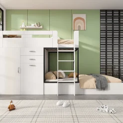Lit Superposé enfant 90x200 cm - Lit avec Bureau Escamotable et Armoire - MDF et Panneaux Stratifiés - Sans Matelas - Blanc><noscript><img width=