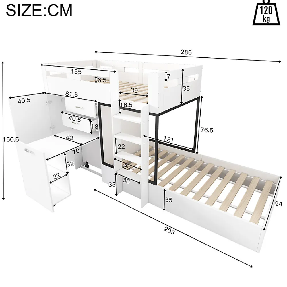 Lit Superposé enfant 90x200 cm - Lit avec Bureau Escamotable et Armoire - MDF et Panneaux Stratifiés - Sans Matelas - Blanc>Okwish Discount