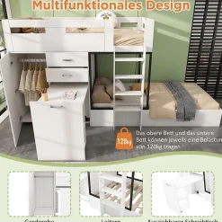 Lit Superposé enfant 90x200 cm - Lit avec Bureau Escamotable et Armoire - MDF et Panneaux Stratifiés - Sans Matelas - Blanc><noscript><img width=