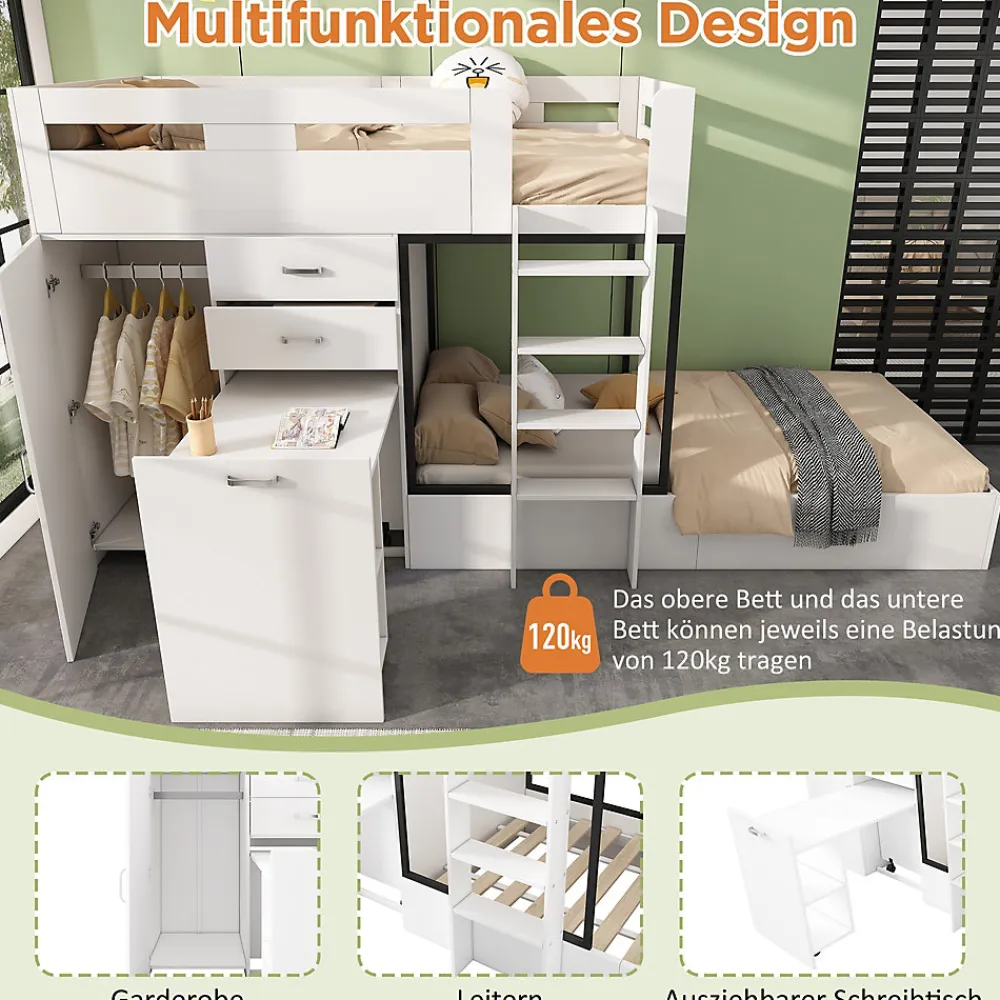 Lit Superposé enfant 90x200 cm - Lit avec Bureau Escamotable et Armoire - MDF et Panneaux Stratifiés - Sans Matelas - Blanc>Okwish Discount