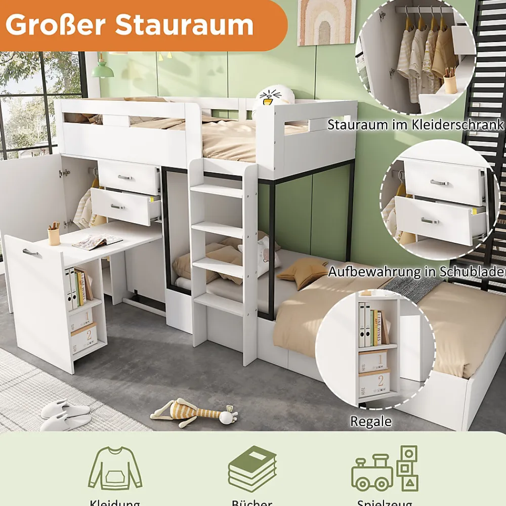 Lit Superposé enfant 90x200 cm - Lit avec Bureau Escamotable et Armoire - MDF et Panneaux Stratifiés - Sans Matelas - Blanc>Okwish Discount