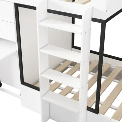 Lit Superposé enfant 90x200 cm - Lit avec Bureau Escamotable et Armoire - MDF et Panneaux Stratifiés - Sans Matelas - Blanc><noscript><img width=