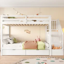 ProximaX Lit superposé enfant 90x200 cm blanc avec étagère escalier, 2 tiroirs, barrières hautes, certifié EN747-1, sûr et pratique*Enfant Lit Enfant