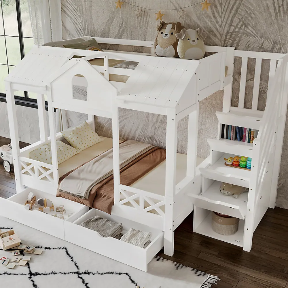 Lit Superposé Enfant 90/140x200 cm, 2 Tiroirs à Roulettes, Escalier, 4 Cases de Rangement, Fenêtres et Toit, Sans Matelas, Blanc>Okwish Clearance