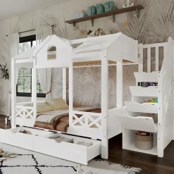 Lit Superposé Enfant 90/140x200 cm, 2 Tiroirs à Roulettes, Escalier, 4 Cases de Rangement, Fenêtres et Toit, Sans Matelas, Blanc>Okwish Clearance