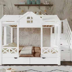 Lit Superposé Enfant 90/140x200 cm, 2 Tiroirs à Roulettes, Escalier, 4 Cases de Rangement, Fenêtres et Toit, Sans Matelas, Blanc><noscript><img width=