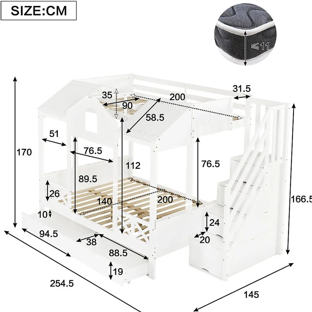 Lit Superposé Enfant 90/140x200 cm, 2 Tiroirs à Roulettes, Escalier, 4 Cases de Rangement, Fenêtres et Toit, Sans Matelas, Blanc>Okwish Clearance