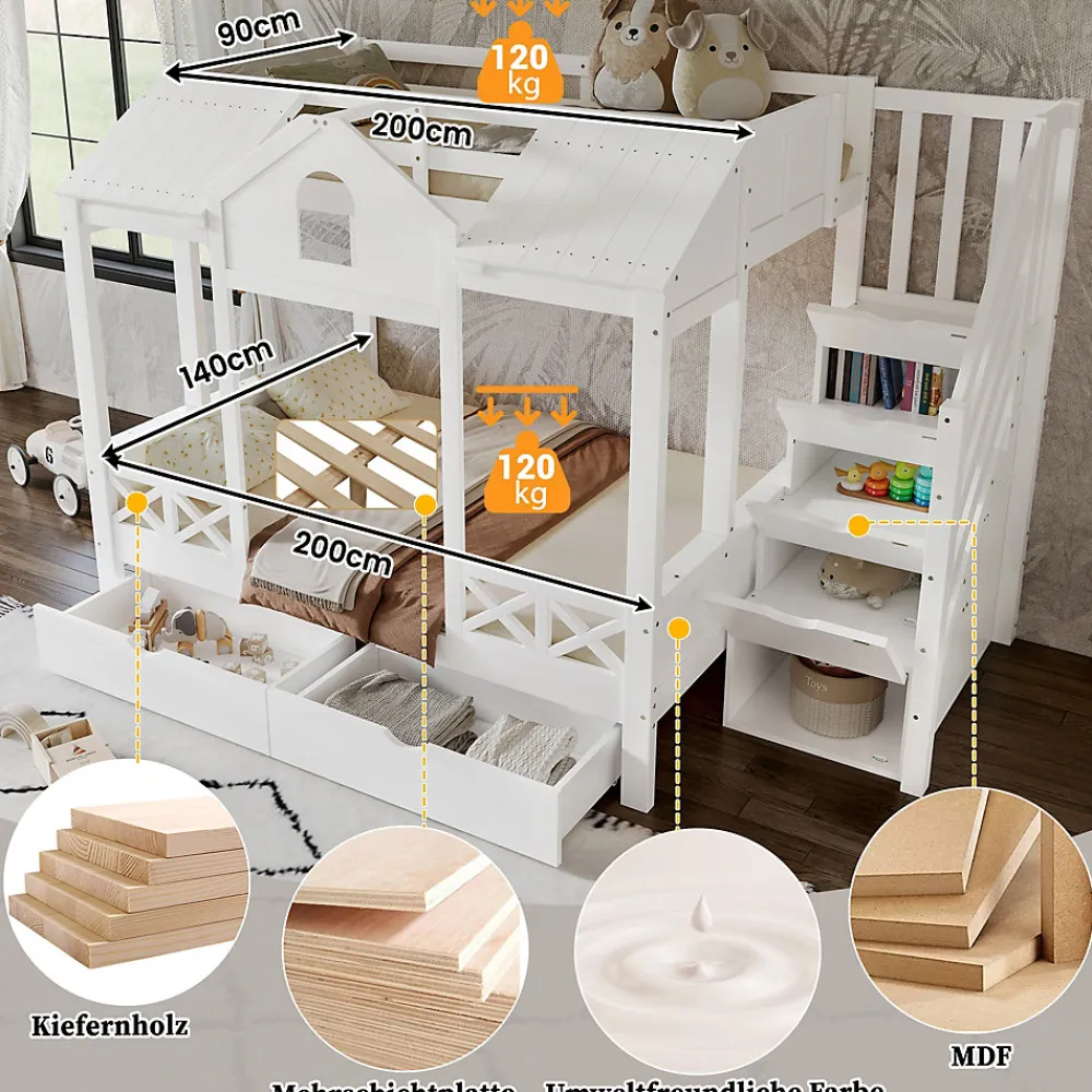 Lit Superposé Enfant 90/140x200 cm, 2 Tiroirs à Roulettes, Escalier, 4 Cases de Rangement, Fenêtres et Toit, Sans Matelas, Blanc>Okwish Clearance