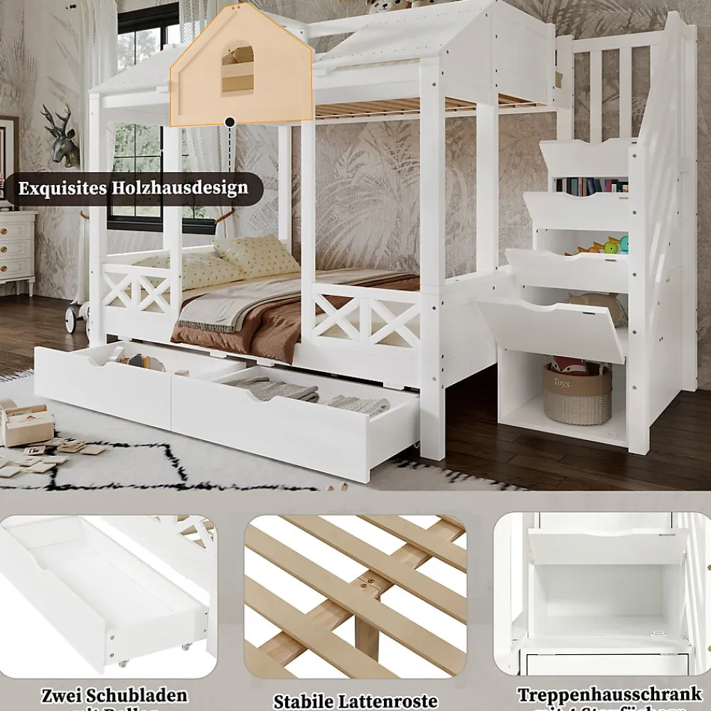 Lit Superposé Enfant 90/140x200 cm, 2 Tiroirs à Roulettes, Escalier, 4 Cases de Rangement, Fenêtres et Toit, Sans Matelas, Blanc>Okwish Clearance