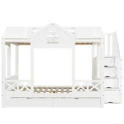 Lit Superposé Enfant 90/140x200 cm, 2 Tiroirs à Roulettes, Escalier, 4 Cases de Rangement, Fenêtres et Toit, Sans Matelas, Blanc><noscript><img width=